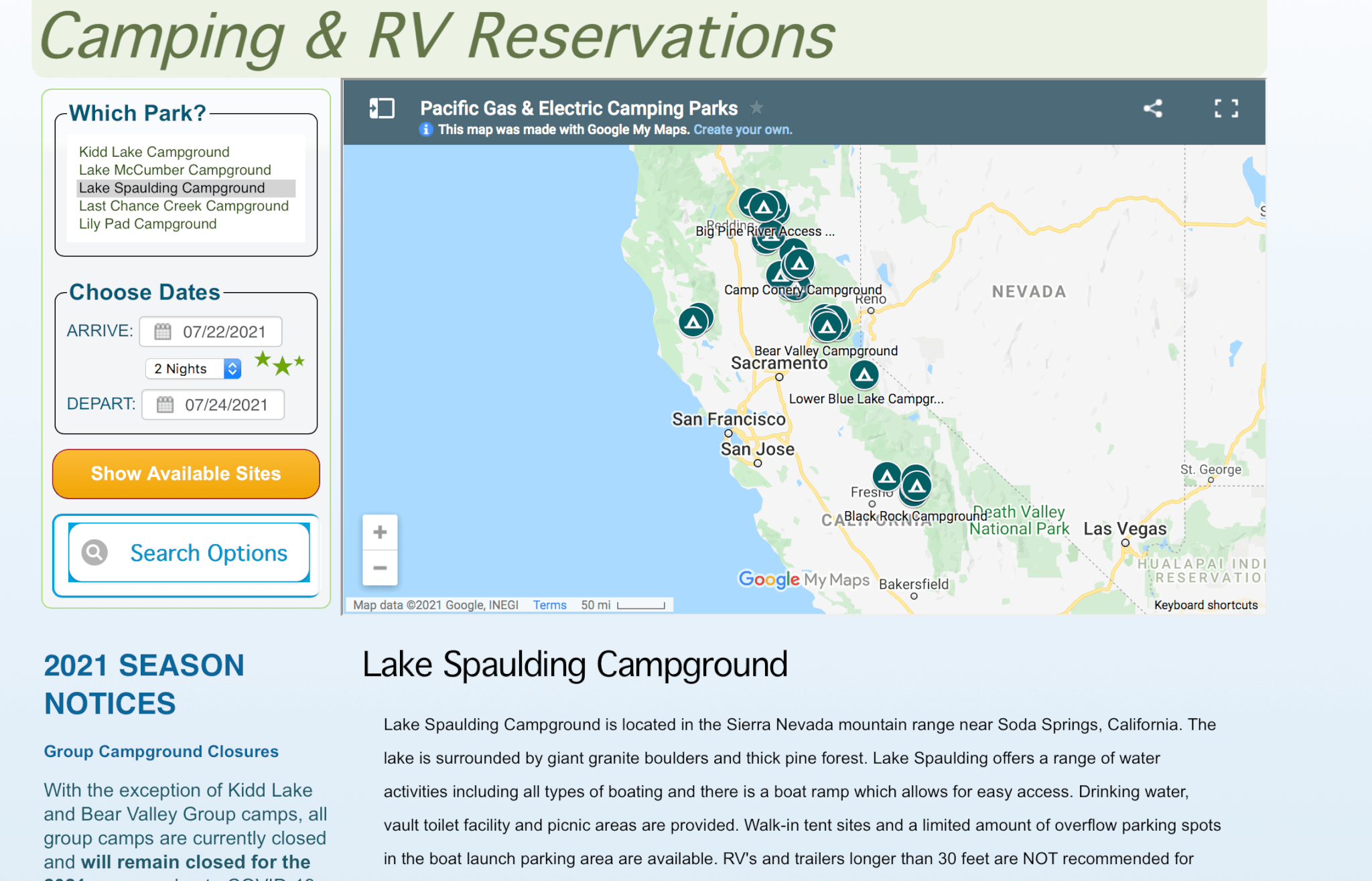 Lake Spaulding Campground reservations