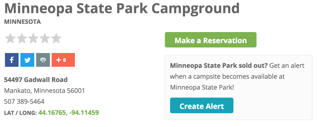 Minnesota State Parks Campsite Availability Alerts - Create An Alert Button